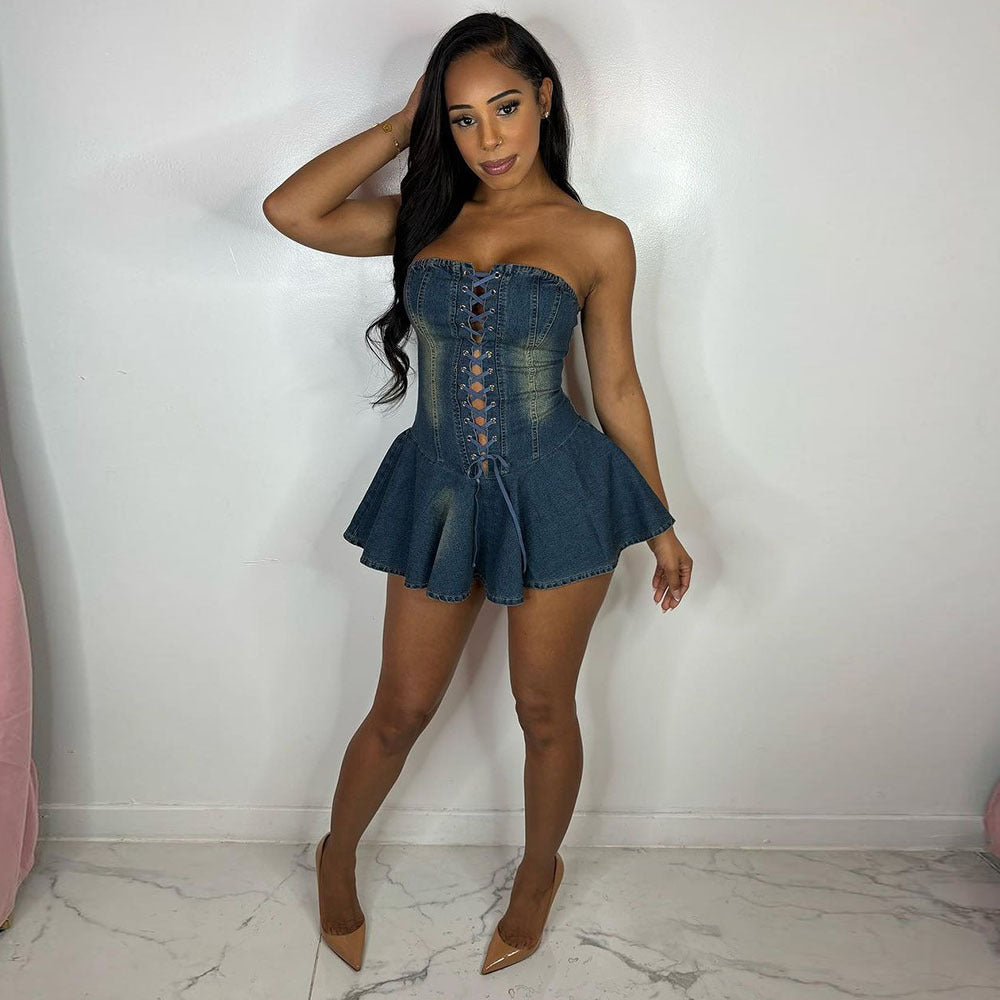 women,s zipper lace -up chest wrap short denim dress