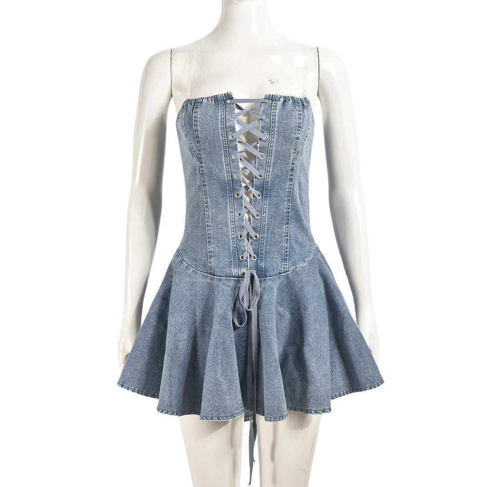 women,s zipper lace -up chest wrap short denim dress