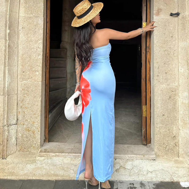 slim slit tube long dress summer sexy prin party beach dresses women clothir