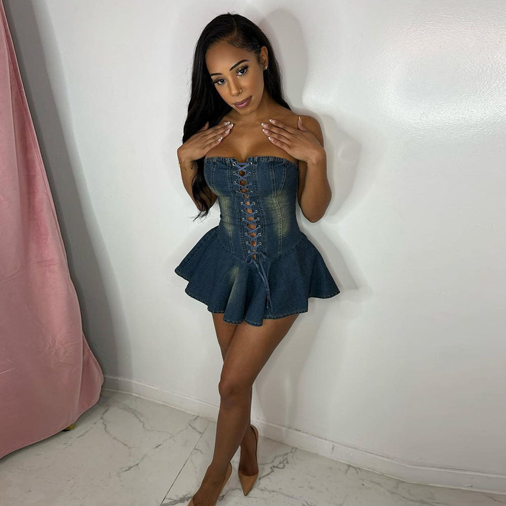 women,s zipper lace -up chest wrap short denim dress