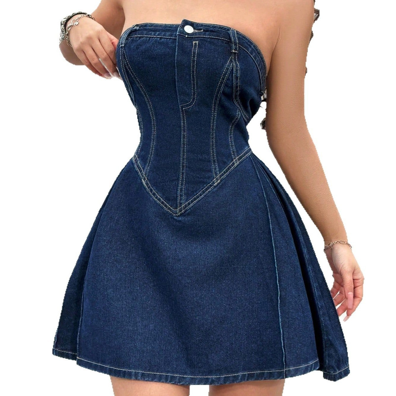 essfashionable off-shoulder low collar sexy fishbone waist tight denim dr