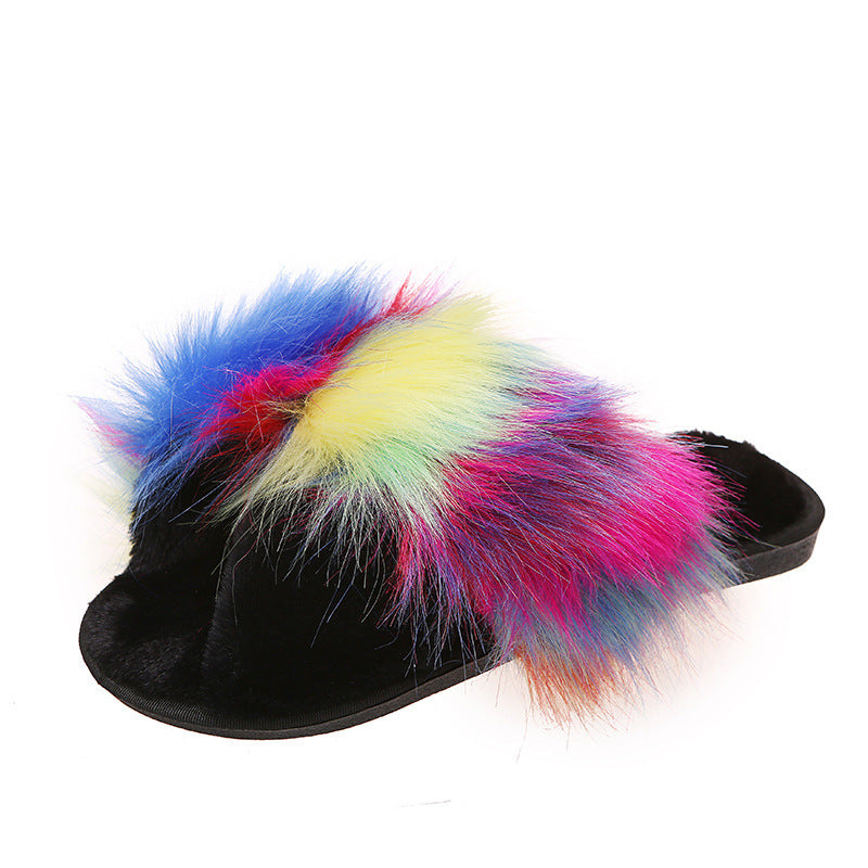 flat long wool warm color matching plush slippers
