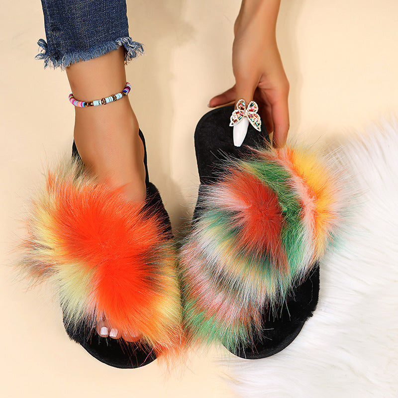 flat long wool warm color matching plush slippers