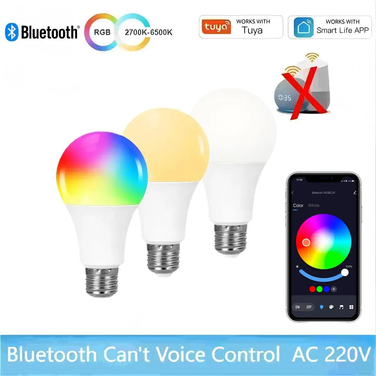 Tuya E27 Smart Light Bulb, 9W 220-240V, RGBW LED Colormart Life APP
