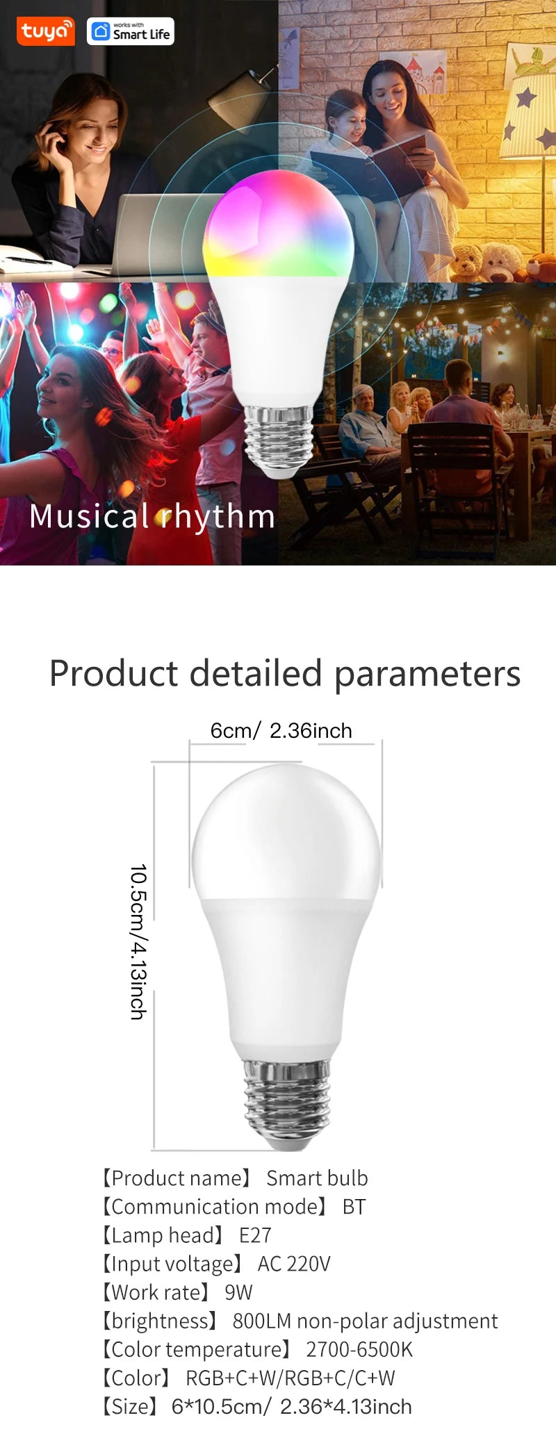Tuya E27 Smart Light Bulb, 9W 220-240V, RGBW LED Colormart Life APP