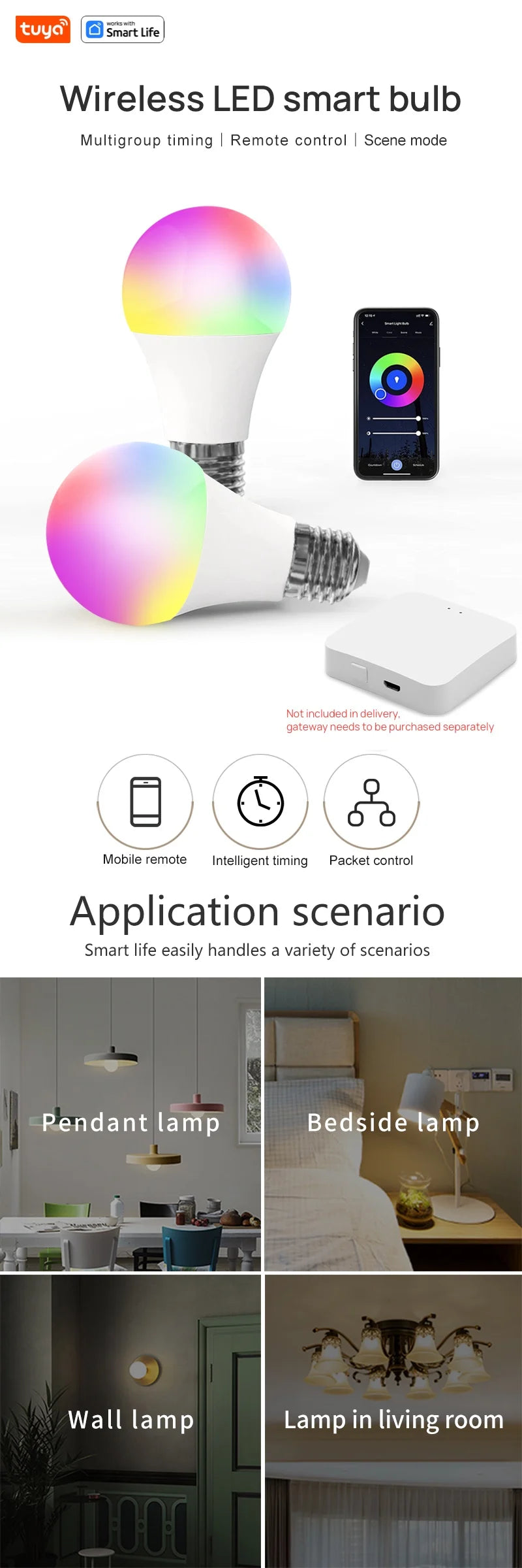 Tuya E27 Smart Light Bulb, 9W 220-240V, RGBW LED Colormart Life APP