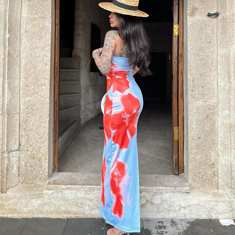 slim slit tube long dress summer sexy prin party beach dresses women clothir