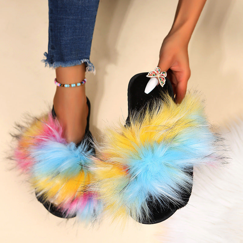 flat long wool warm color matching plush slippers