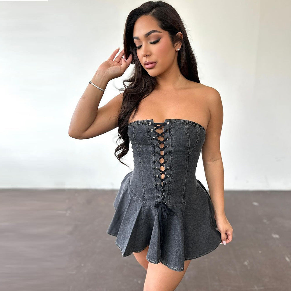 women,s zipper lace -up chest wrap short denim dress