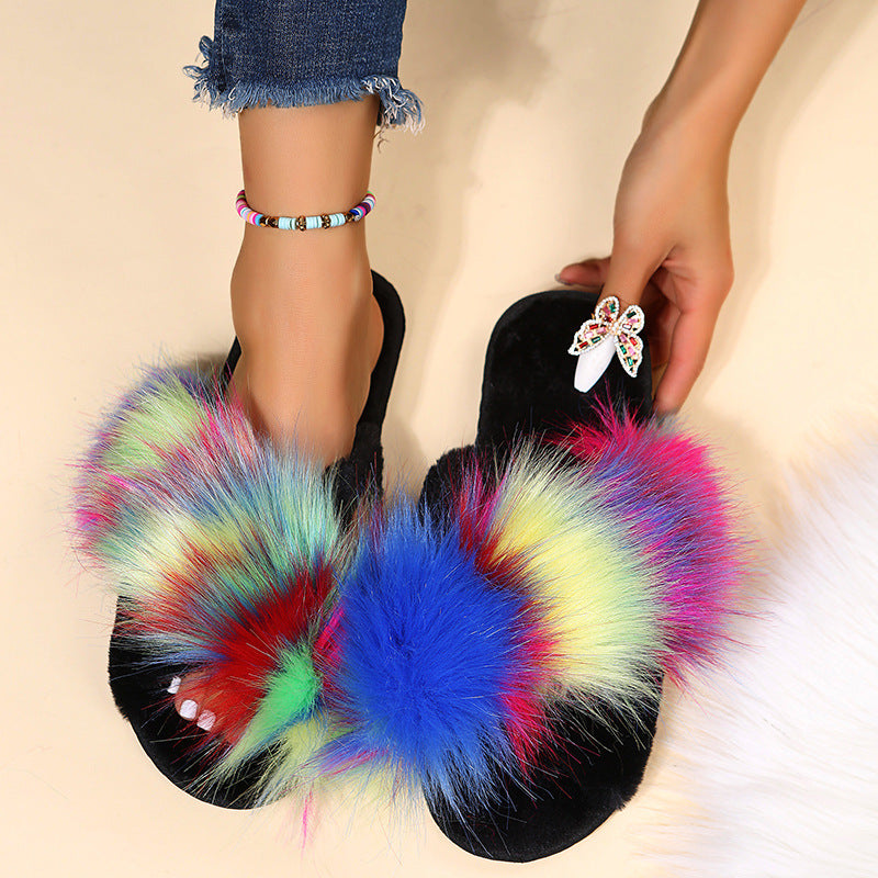 flat long wool warm color matching plush slippers