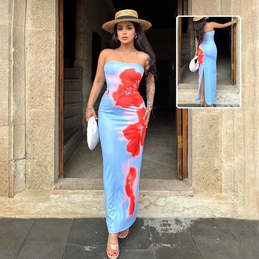 slim slit tube long dress summer sexy prin party beach dresses women  clothir