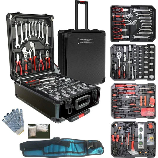 2025 New 2025new 799pcs Aluminum Trolley Case Tool Set Silver, House Repair Kit Set, Household Hand Tool Set, with Tool Belt