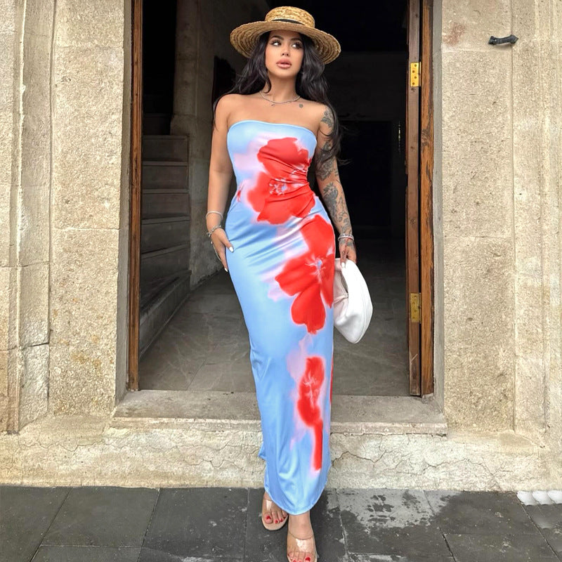 slim slit tube long dress summer sexy prin party beach dresses women  clothir