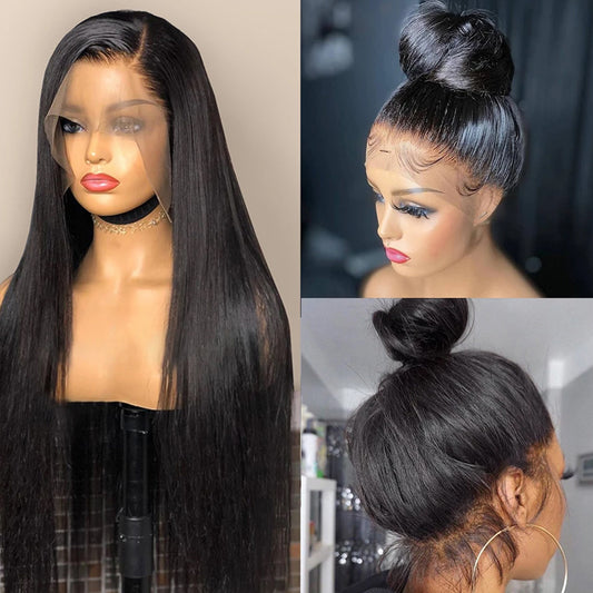 real human hair lace wig set straight hair black medium langth