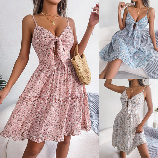 spring and summer floral bow v -neck ruffed large swing dress